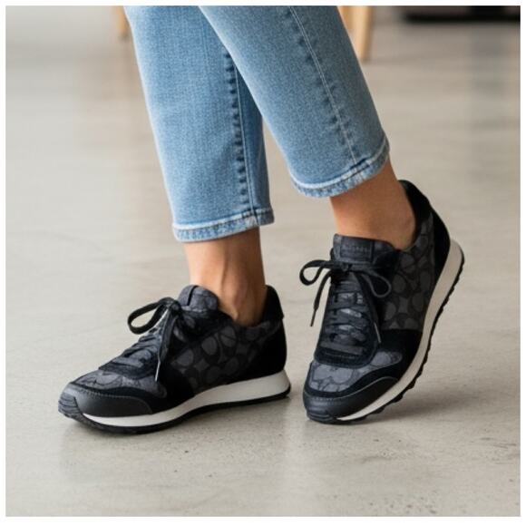 Coach Women’s Mason Signature Logo Canvas Jacquard Sneaker Size 6.5 Black Gray - Picture 1 of 12